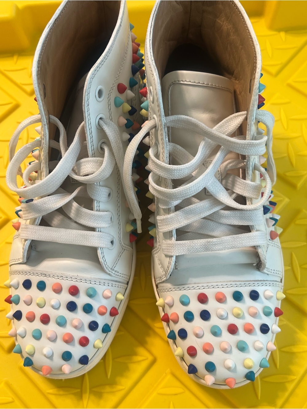 Christian Louboutin White High-Top Sneakers with Multicolor Studs